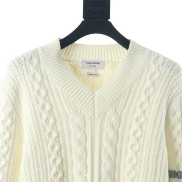 Thom Browne V neck cable knit sweater white women's size 2 - Picture 2 of 5